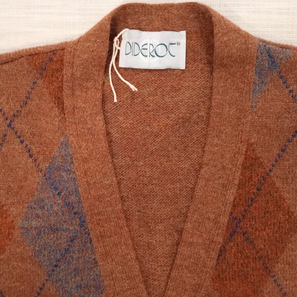 Men's Sleeveless Sweater Vest Brown Gray Argyle Cozy Warm Italy Size XXL - Picture 2 of 6